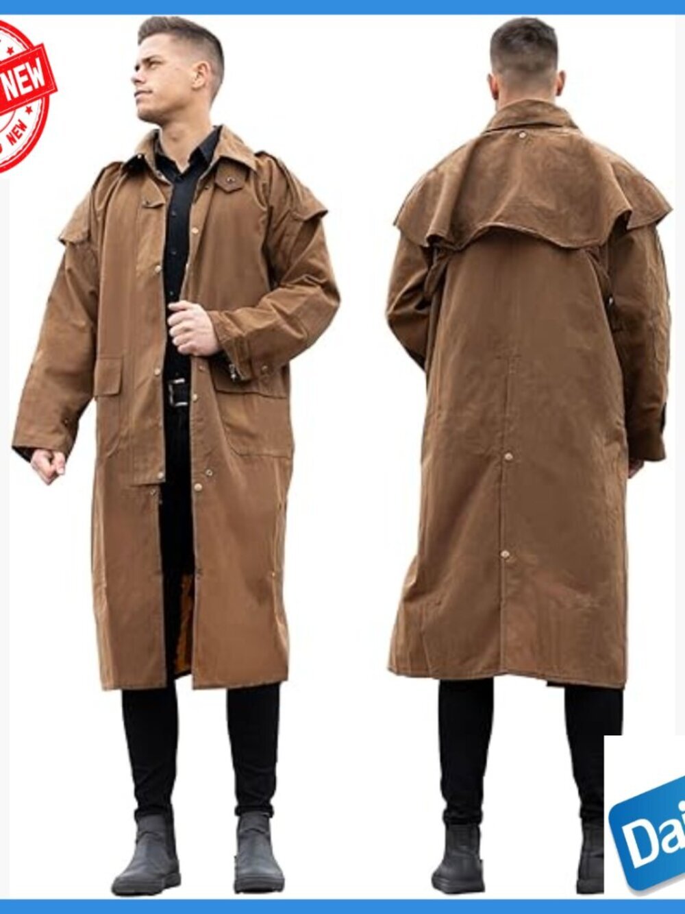 Waterproof Oilskin Duster Coat Western Style Workwear Raincoat Snap Cuffs